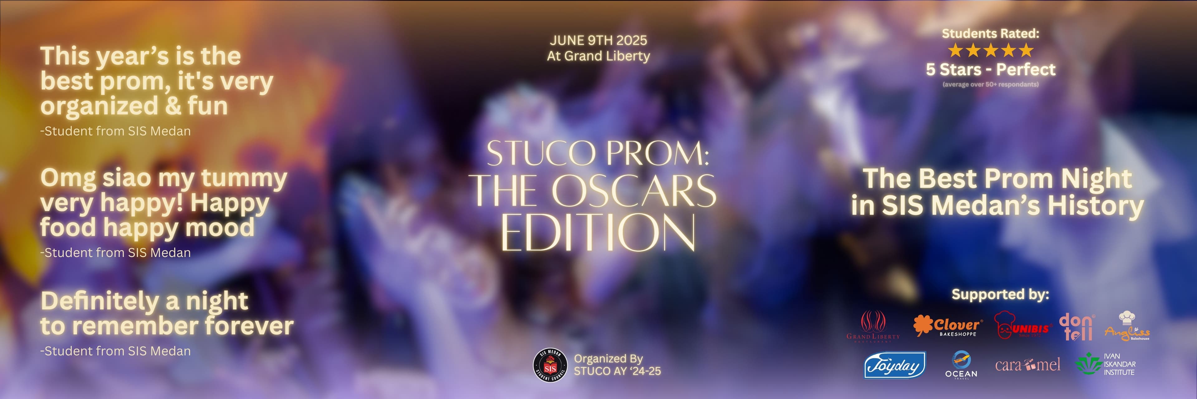 An Instagram Post I designed highlighting the success of the SIS Medan Student Council Prom 2025, showcasing students enjoying the event.